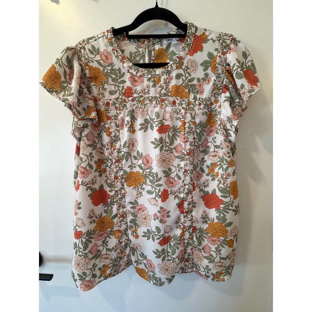 DR2 Flutter Sleeve Blouse Womens Large Floral Full Length Top